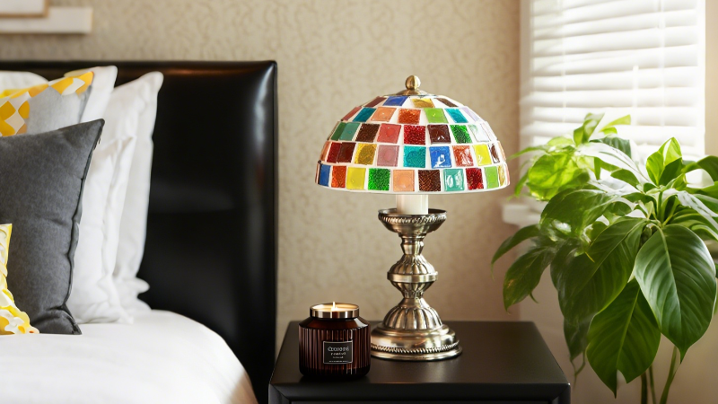 Colorful mosaic lamp on a nightstand next to a bed with pillows and a plant.