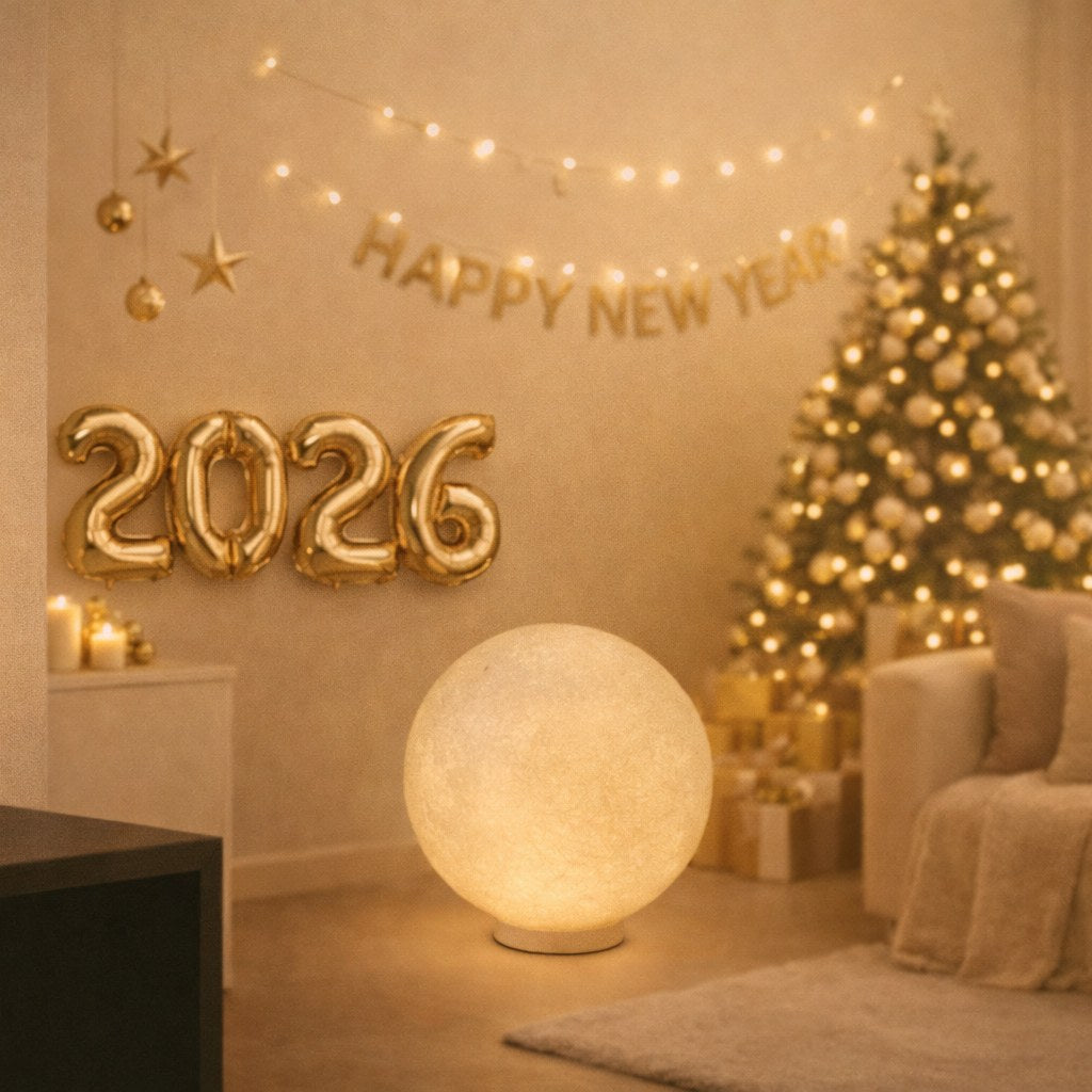Decorated room with a Homira moon lamp on the floor, 'Happy New Year' banner, 2026 balloons, and a Christmas tree.