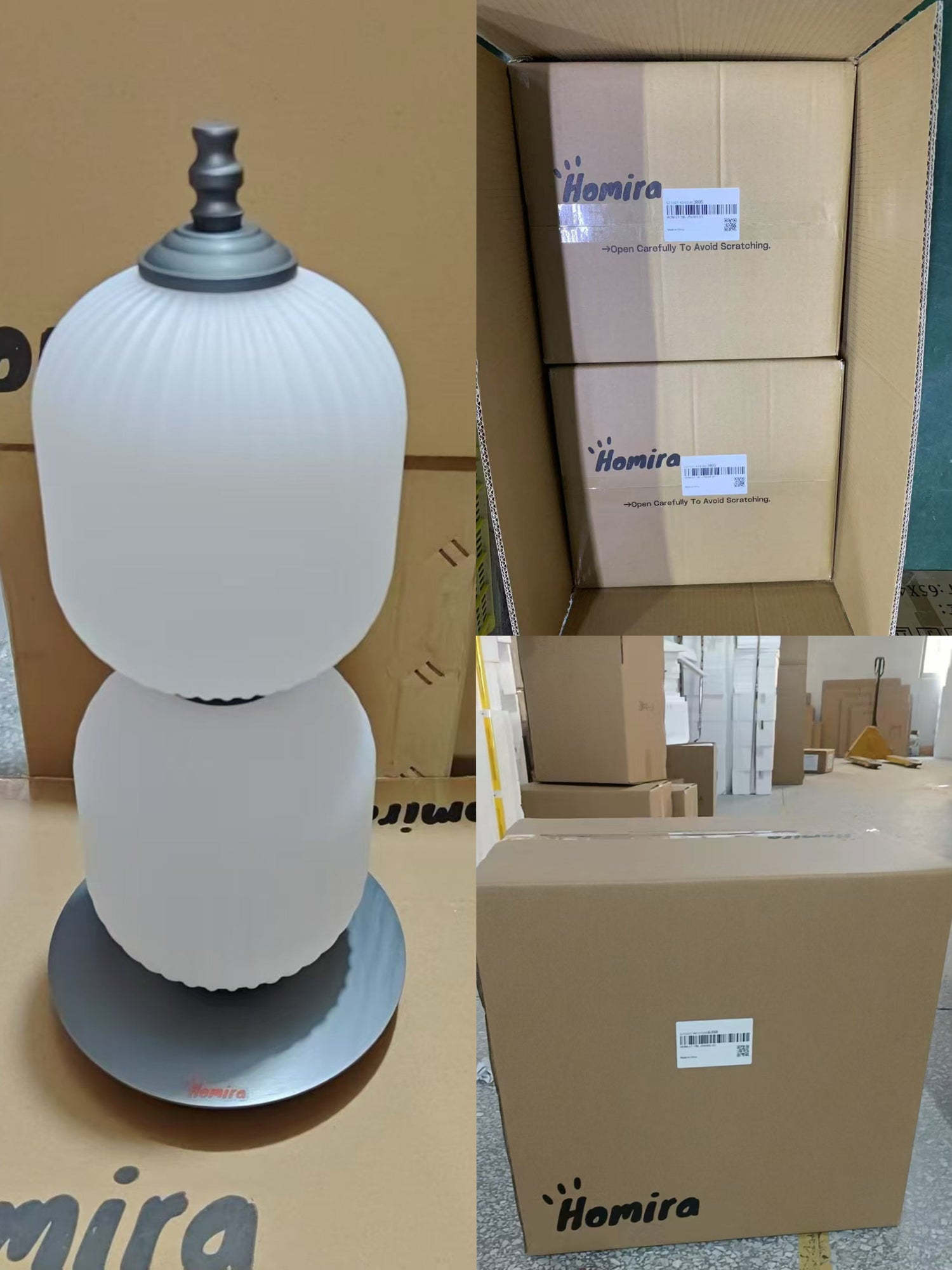 White table lamp with gray base in front of Homira branded boxes.