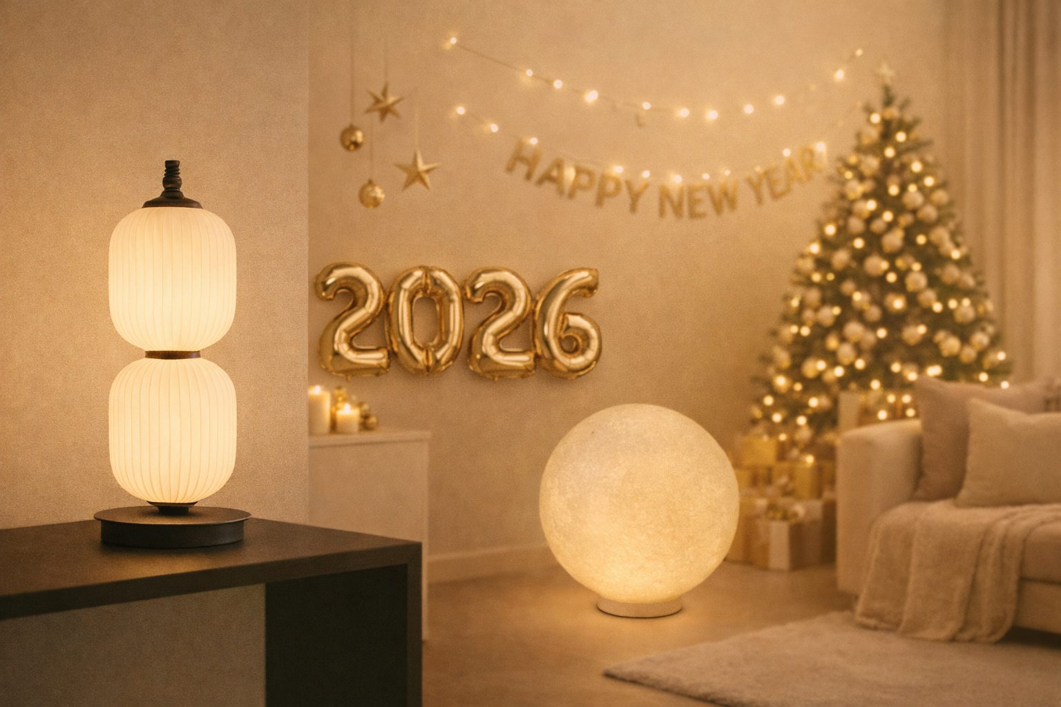 Decorated living room with 'Happy New Year 2026' banner, Christmas tree, festive lights, lantern lamp, and moon lamp.