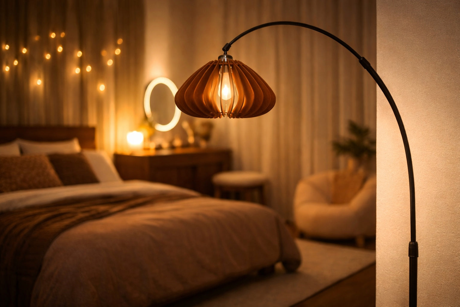 Cozy bedroom with a Homira pumpkin floor lamp casting warm light, bed, and nightstands.