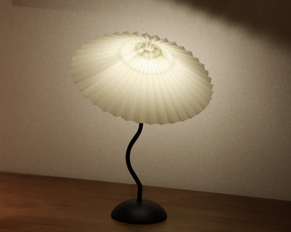 Homira pleated table lamp with pleated shade on a wooden surface against a plain wall.
