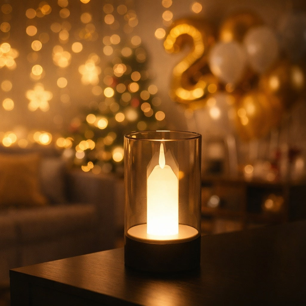 Homira Candle lamp in a glass holder on a table with festive decorations, including balloons and a Christmas tree in the background.