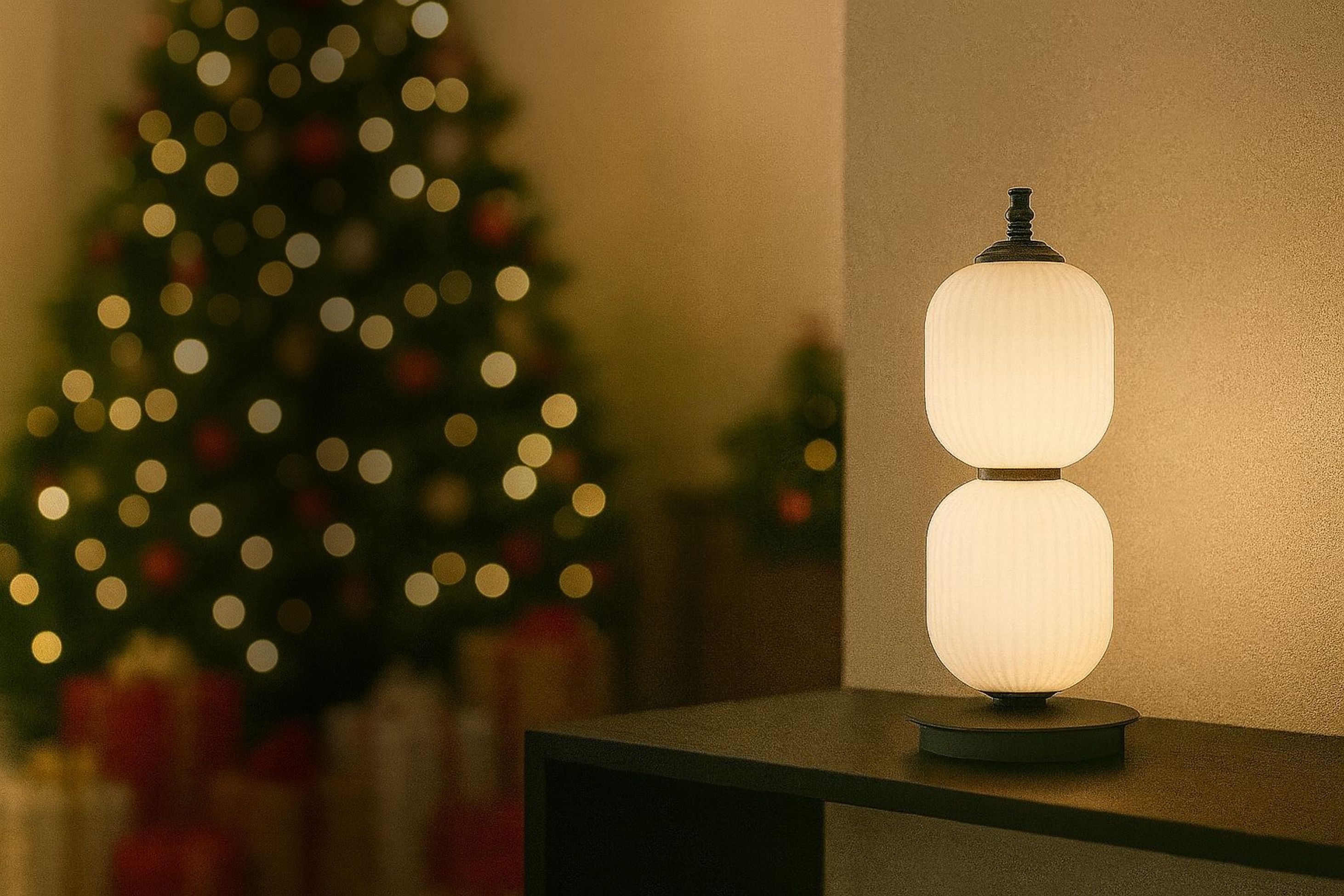 Homira lantern lamp on a surface with a decorated Christmas tree in the background